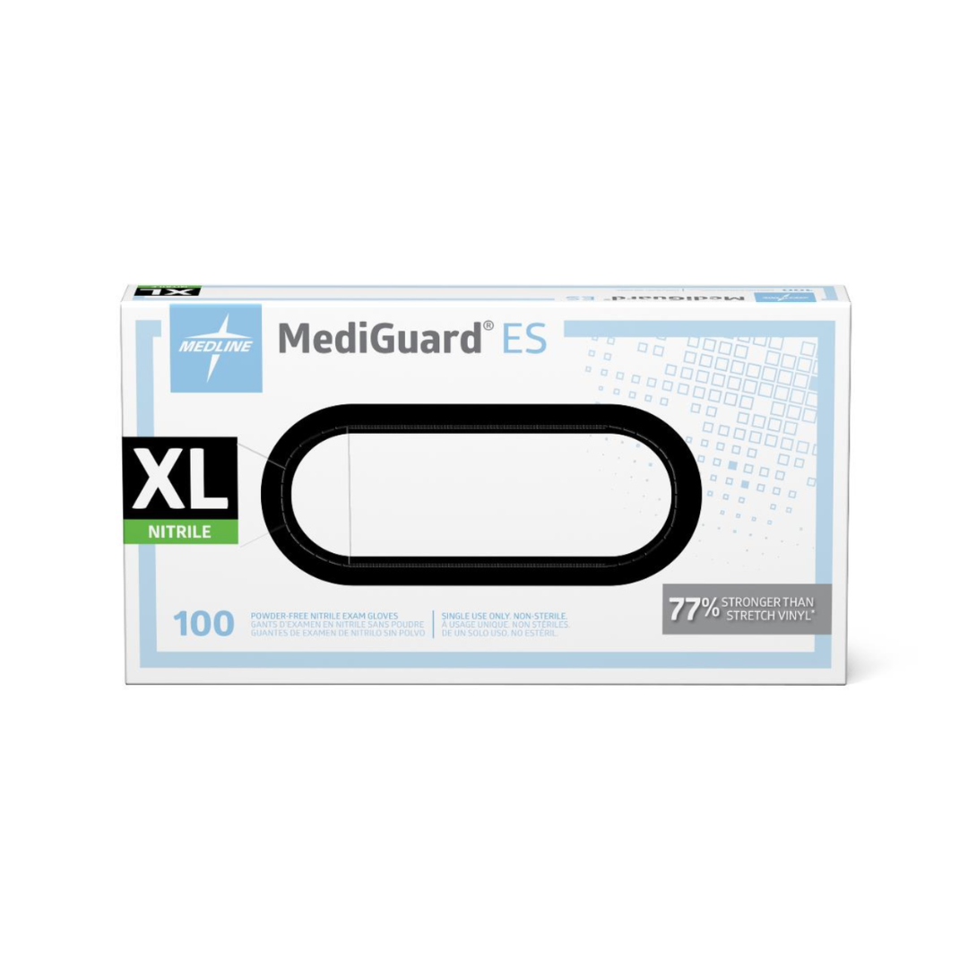 A box of 100 extra-large Medline MediGuard ES Powder-Free Nitrile Exam Gloves.